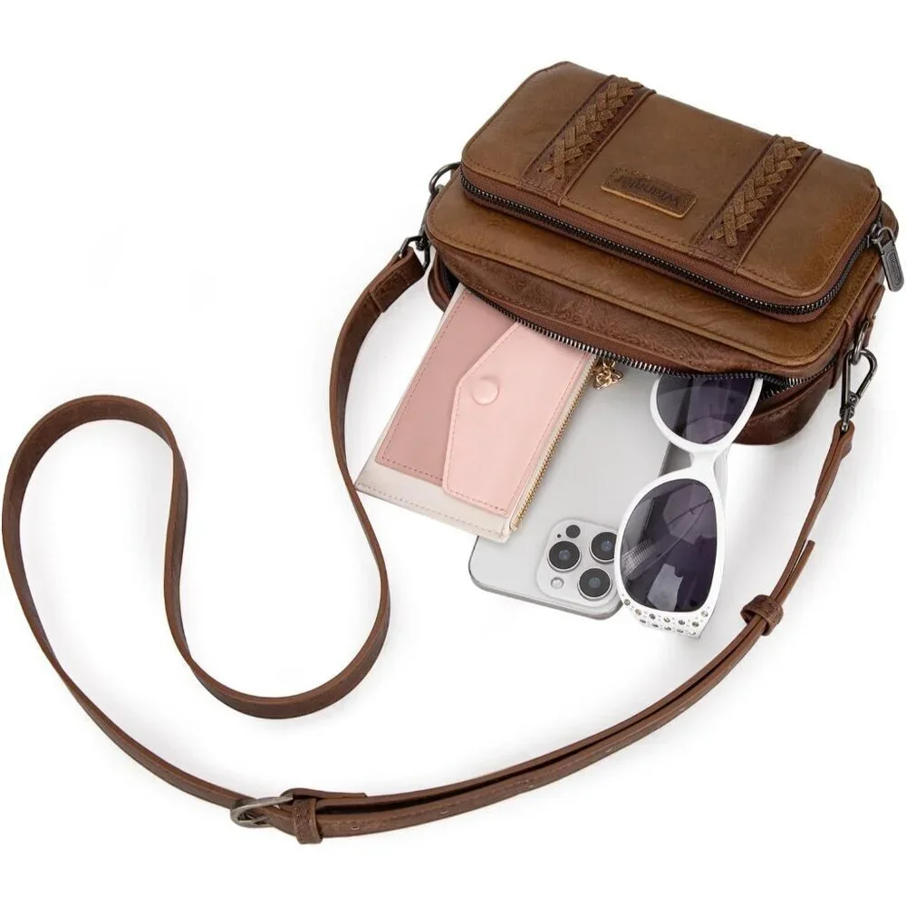 Women Crossbody Bag Leather Small Multi Pocket Adjustable Strap Purse